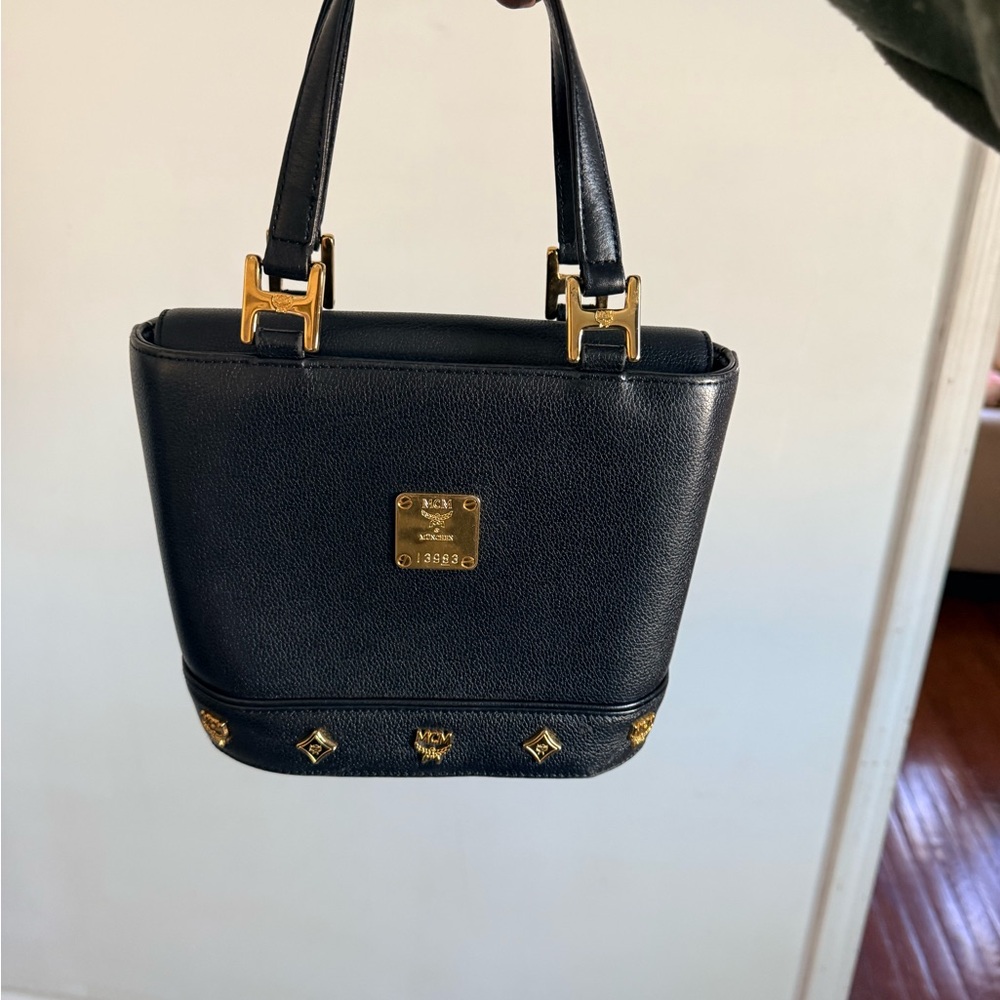 MCM Black Leather Shoulder Bag with Gold Hardware